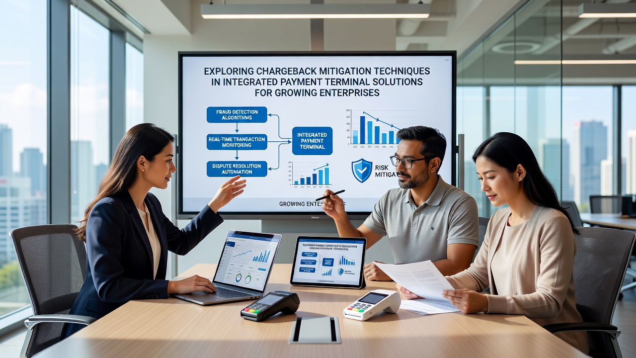Enterprise staff reviewing analytics dashboard connected to payment terminals