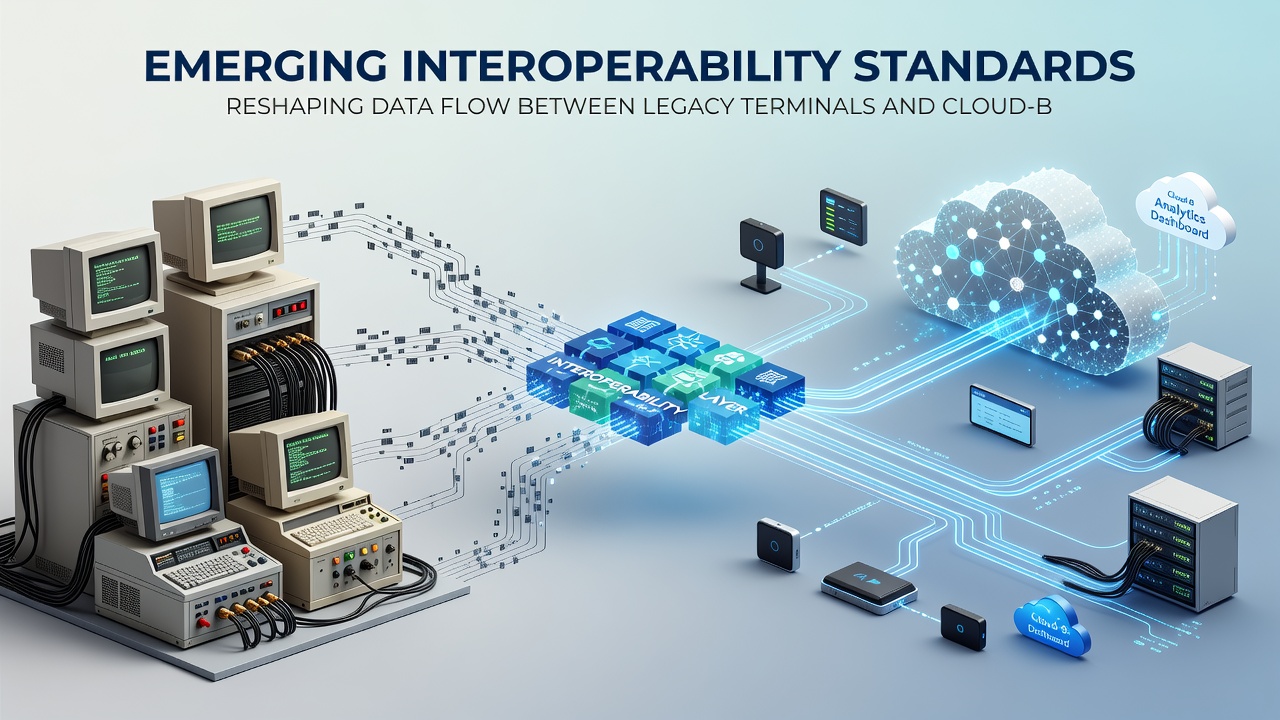 Data flow diagram showing standardized interoperability between legacy terminals and cloud reconciliation systems for retail chains