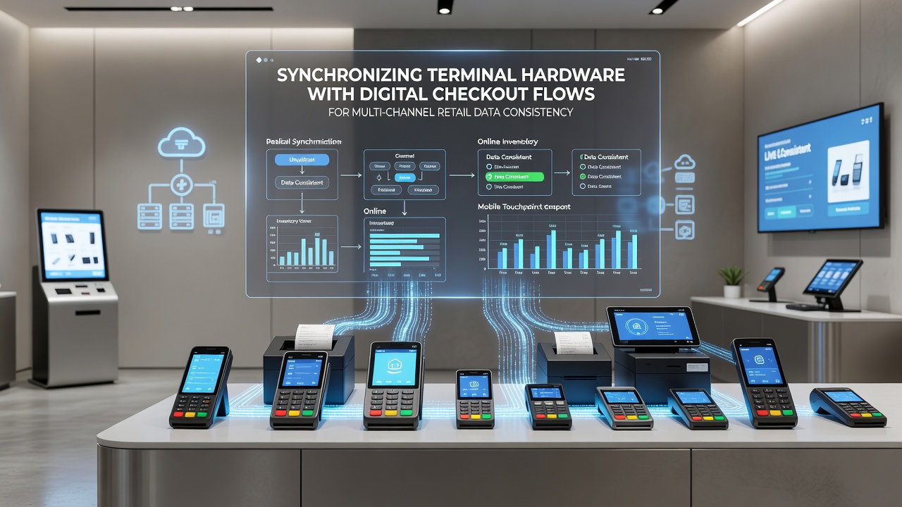 Data flow diagram showing synchronized updates between physical terminals and online checkout systems
